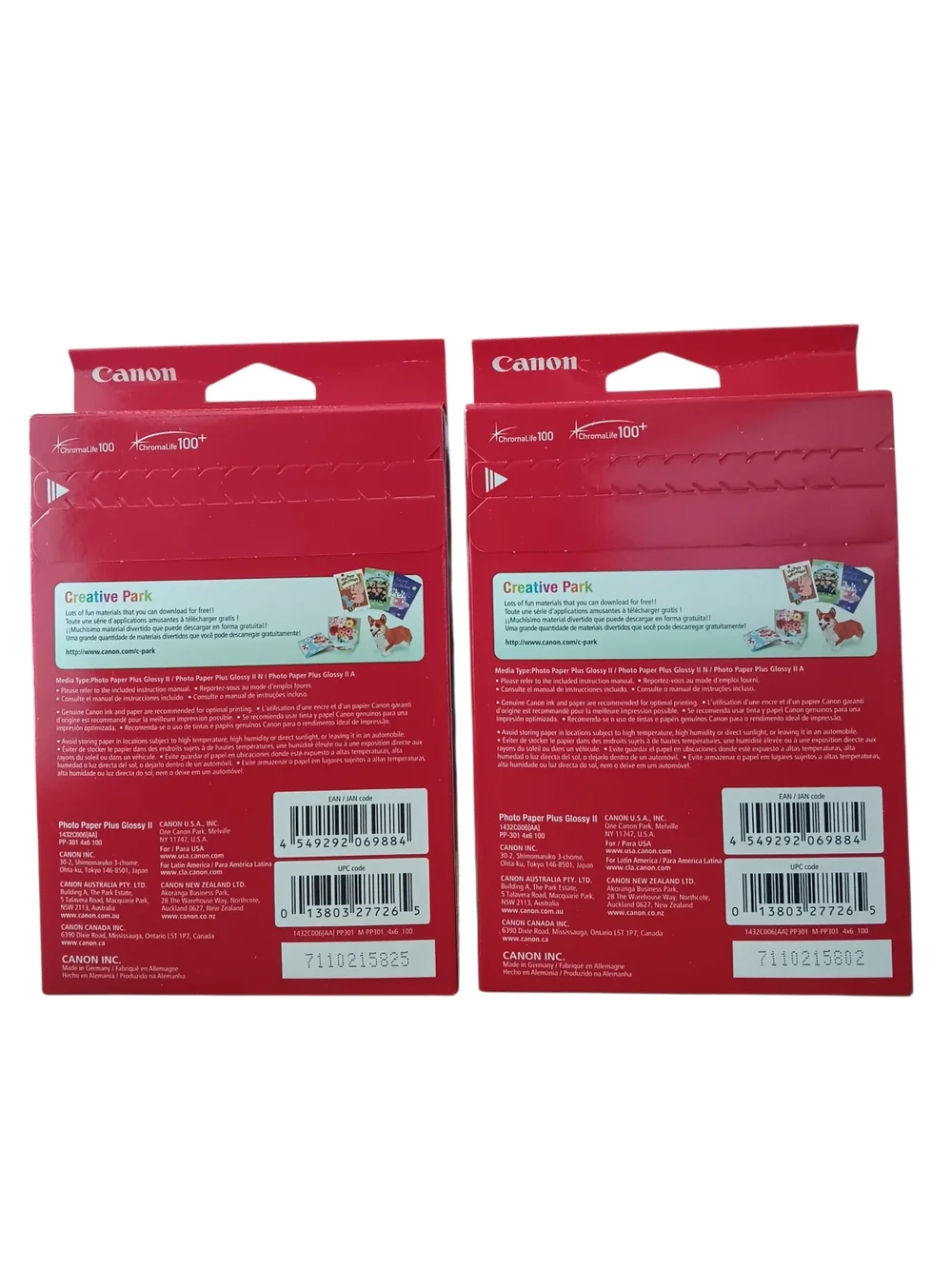 2 Packs Canon Photo Paper Plus Glossy II - Red and Purple Packaging